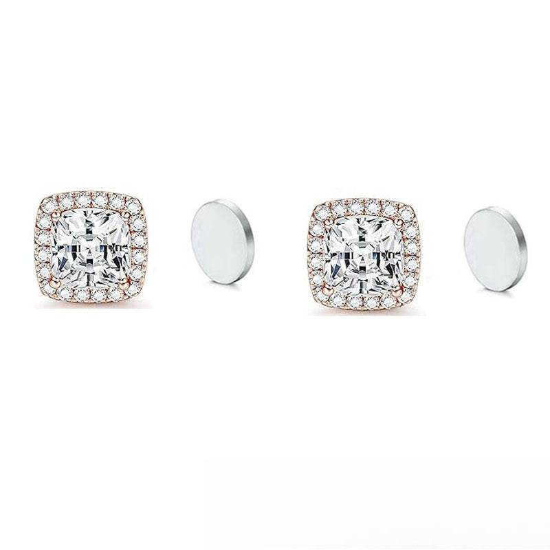 Stainless Steel Magnetic CZ Square Halo Stud Earrings for Men Women, Square Cubic Zirconia Inlaid Magnetic Earrings Non-Piercing Clip On Stud Earring