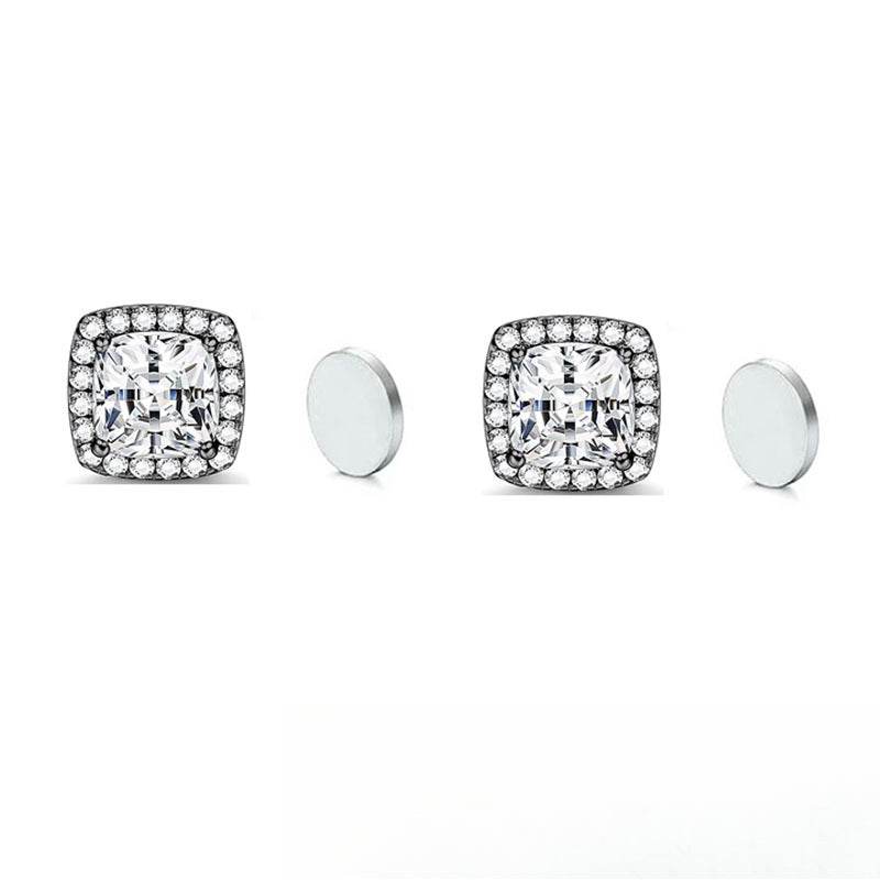 Stainless Steel Magnetic CZ Square Halo Stud Earrings for Men Women, Square Cubic Zirconia Inlaid Magnetic Earrings Non-Piercing Clip On Stud Earring
